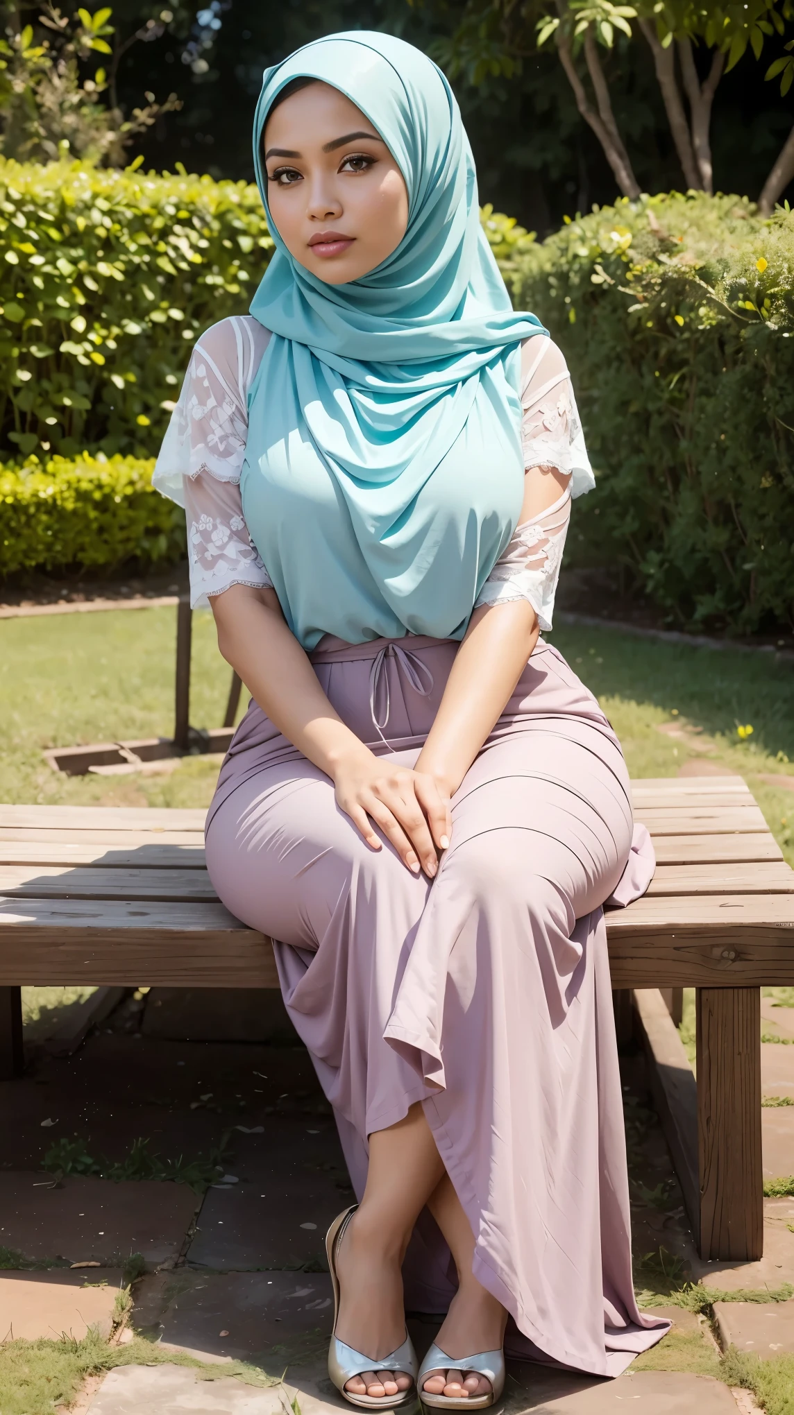 RAW, (Best quality, high resolution, work: 1.3), Beautiful Malay woman in hijab, perfect fit body, Big breasts, Beautiful big eyes, Soft smile, beautiful face, slightly open mouth, thick thighs, beautiful buttocks, , beautiful big eyes , gentle smile, beautiful girl, detailed face, Muslim woman sitting on a chair in a blue sweater and white skirt, long skirt in cute pastel shades, wearing a long flowy fabric, casual pose, wearing casual clothes, very long pleated skirt, wearing casual clothing, white hijab , with a beautiful look Beautiful, perfect lighting, 8k