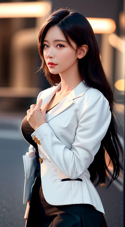 best quality, masterpiece, 1girl, Beautiful face, (photo realistic:1.3), rim lighting, (high detailed skin:1.2), 8k uhd, dslr, high quality, high resolution, 4k, 8k, Bokeh, absurdres, best ratio four finger and one thumb, (realistic:1.3), cute 1girl, wearing black formal blazer, medium breasts, short skirt,