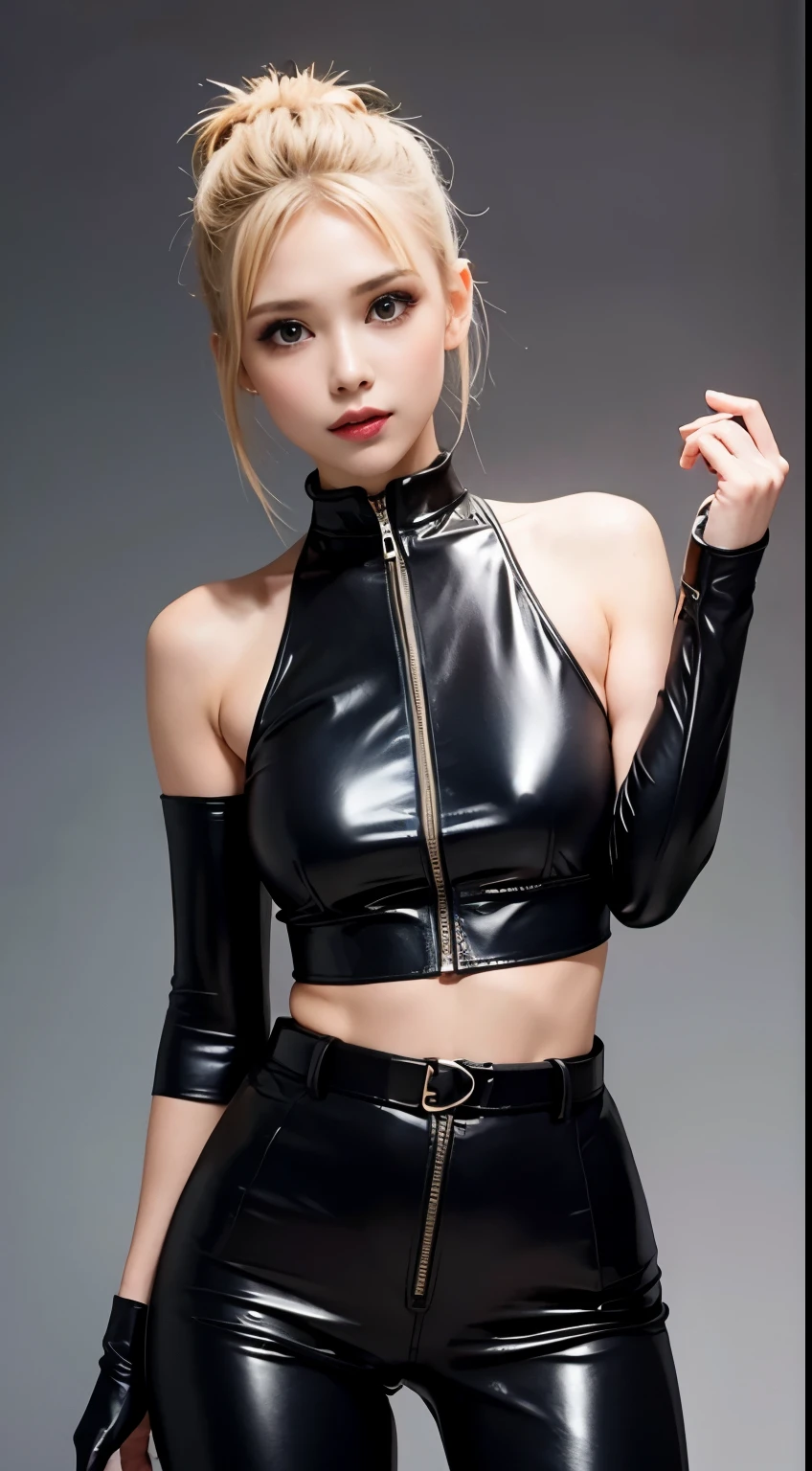 ****ta, smile, 20-year-old, ((highest quality)), ((masterpiece)), (High resolution:1.3), 3D, beautiful (cyber punk:1.3), stylish woman looking at camera black leather clothes, sleeveless, embarrassing, waist skin invisible, Blue-black leather pants, silver zipper,Belt under the waist,super fine illustration,blonde , Show your forehead, silver center zipper, Leather Blue Black Bodysuit, Sleeves blue-black, shiny, blonde hair ponytail