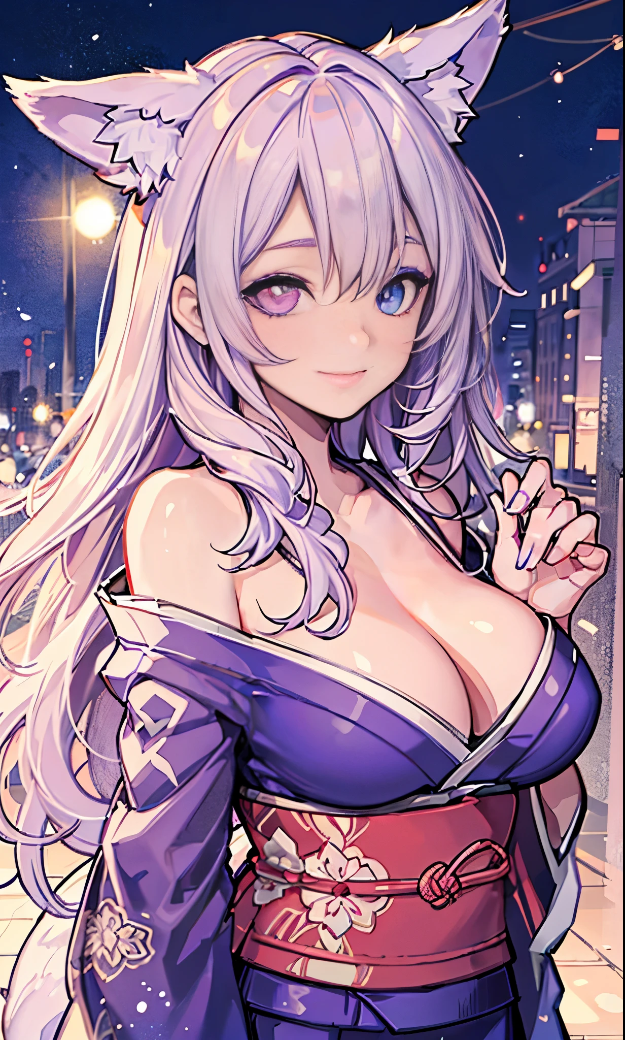 (最high quality,8K,cg), Complex facial features,elegant long curly hair, large almond shaped eyes, detailed eye makeup, long eyelashes, young girl, pink long hair, fox ears, heterochromia, White eye on the left and purple eye on the right, Purple kimono, open shoulders, big breasts, smile, masterpiece, high quality