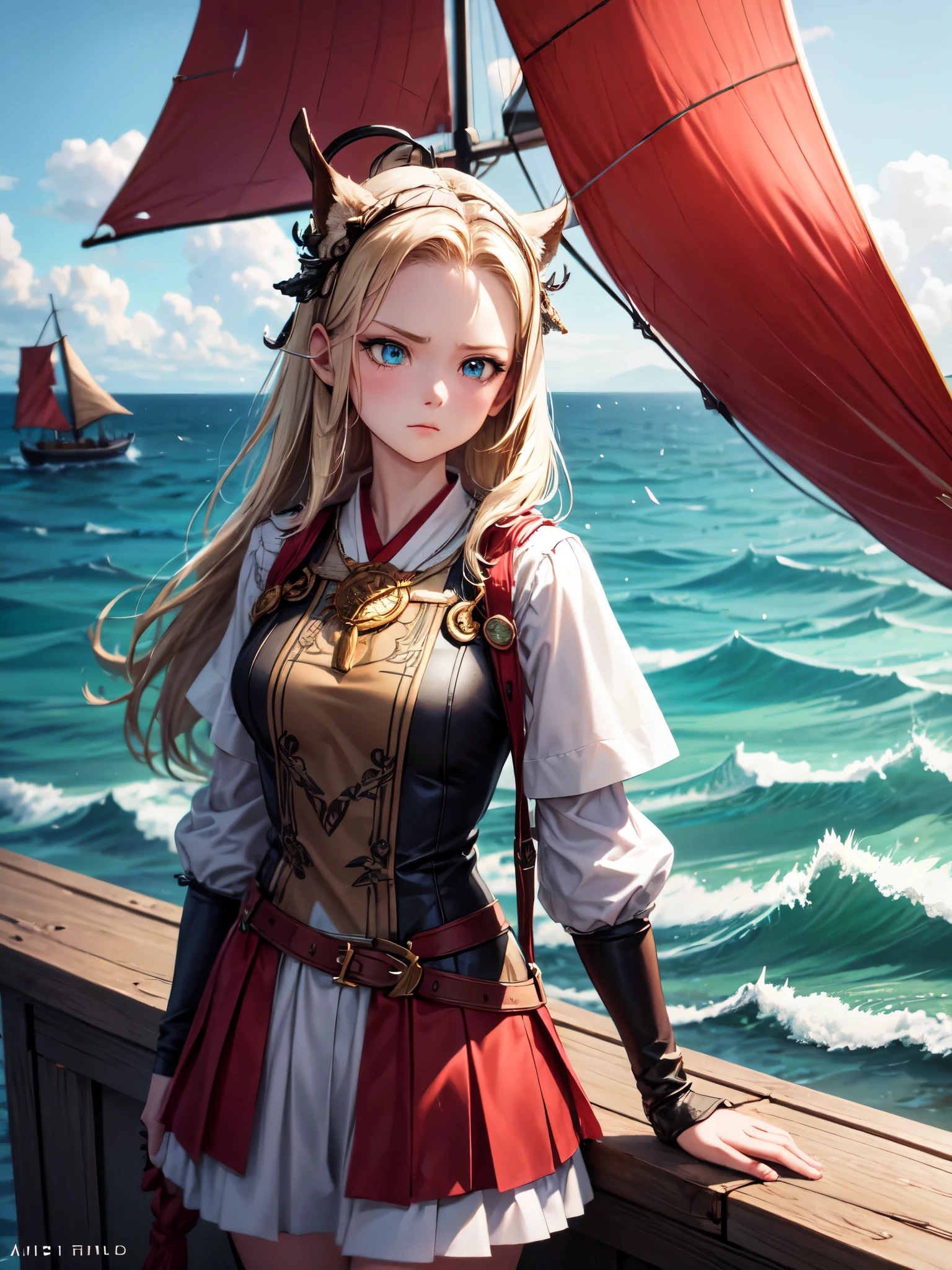 a 1girl, 独奏, Viking Girl, Scandinavian clothing, tense face, Simple background, The sea, sails on a large Scandinavian ship, higly detailed, ultra quality