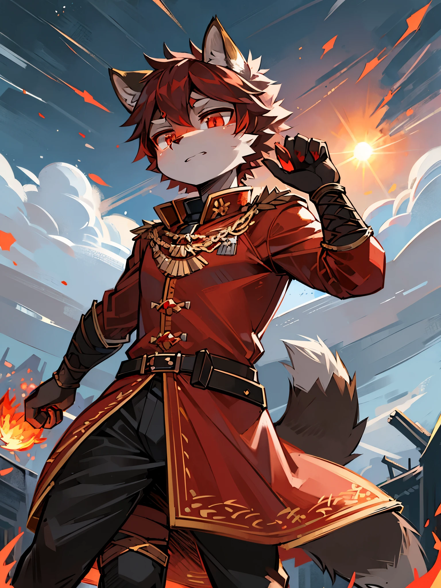 A raccoon,Fiery red pupils,General uniform,holding a longsword,Broken armor,torn robe,move forward with difficulty,flame,raging fire,Raise your hand,Bloodstained sword,Broken cloak,juvenile,sword sheath,The sky is cloudy,sun,