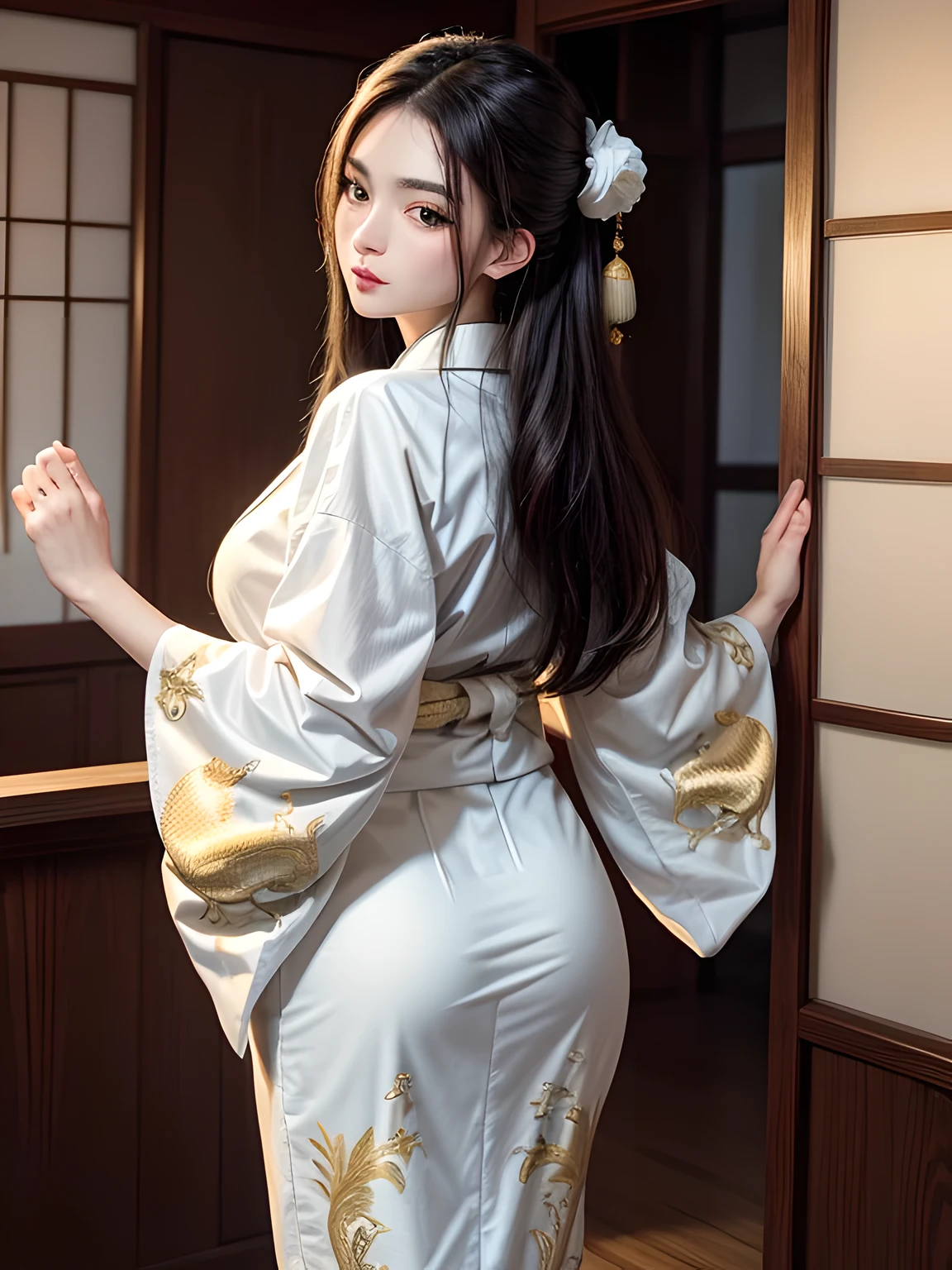 (Beautiful model in Japanese kimono commercial, beautiful straight long black hair), solo, ((face is 80% beauty and elegance, 20% pretty and cute:1.5)), clear eyes, (detailed eyes, light green eyes, bright pupils), Double Eyelids, (sexy lips with a little thickness:1.2), ((super detailed and incredibly high resolution Deep-white Kimono:1.2)), Highly Detailed Face Texture, striking body shape, curvy and very attractive woman, high-resolution RAW color photo pro photo, BREAK ultra high-resolution textures, High-res body rendering, big eyes, unparalleled masterpiece, incredible high resolution, super detailed, stunning ceramic skin, BREAK ((Facing back to show the pattern of the Kimono:1.5)), ((Wearing a white kimono with plenty of glittering gold embroidery of a rising-chinnese-dragon:1.5)), ((The white kimono has a very dazzling embroidery of a rising-chinnese-dragon:1.2)), (Finely crafted and sensual Japanese kimono), ((The embroidery pattern is a Chinese-dragon rising to the sky):1.2), ((elaborately and elegantly decorated White Kimono)), (Taken in front of a round fusuma window in a Japanese-style room)), BREAK ((Best Quality, 8k)), Crisp Focus:1.2, (Layer Cut, Big:1.2), (Beautiful Woman with Perfect Figure:1.4), (Beautiful and elegant rear view:1.3), Slender waist, (Correct hand shape:1.5), (Full body shot | cowboy shot)