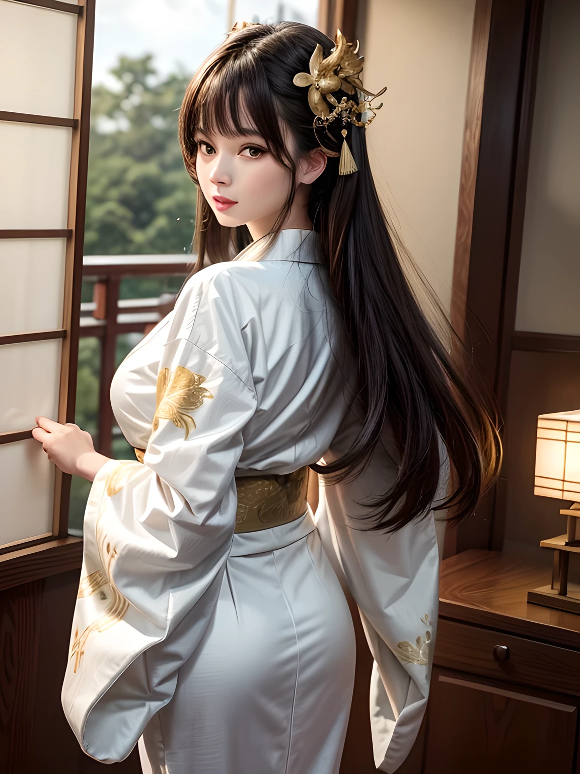(Beautiful model in Japanese kimono commercial, beautiful straight long black hair), solo, ((face is 80% beauty and elegance, 20% pretty and cute:1.5)), clear eyes, (detailed eyes, light green eyes, bright pupils), Double Eyelids, (sexy lips with a little thickness:1.2), ((super detailed and incredibly high resolution Deep-white Kimono:1.2)), Highly Detailed Face Texture, striking body shape, curvy and very attractive woman, high-resolution RAW color photo pro photo, BREAK ultra high-resolution textures, High-res body rendering, big eyes, unparalleled masterpiece, incredible high resolution, super detailed, stunning ceramic skin, BREAK ((Facing back to show the pattern of the Kimono:1.5)), ((Wearing a white kimono with plenty of glittering gold embroidery of a rising-chinnese-dragon:1.5)), ((The white kimono has a very dazzling embroidery of a rising-chinnese-dragon:1.2)), (Finely crafted and sensual Japanese kimono), ((The embroidery pattern is a Chinese-dragon rising to the sky):1.2), ((elaborately and elegantly decorated White Kimono)), (Taken in front of a round fusuma window in a Japanese-style room)), BREAK ((Best Quality, 8k)), Crisp Focus:1.2, (Layer Cut, Big:1.2), (Beautiful Woman with Perfect Figure:1.4), (Beautiful and elegant rear view:1.3), Slender waist, (Correct hand shape:1.5), (Full body shot | cowboy shot)