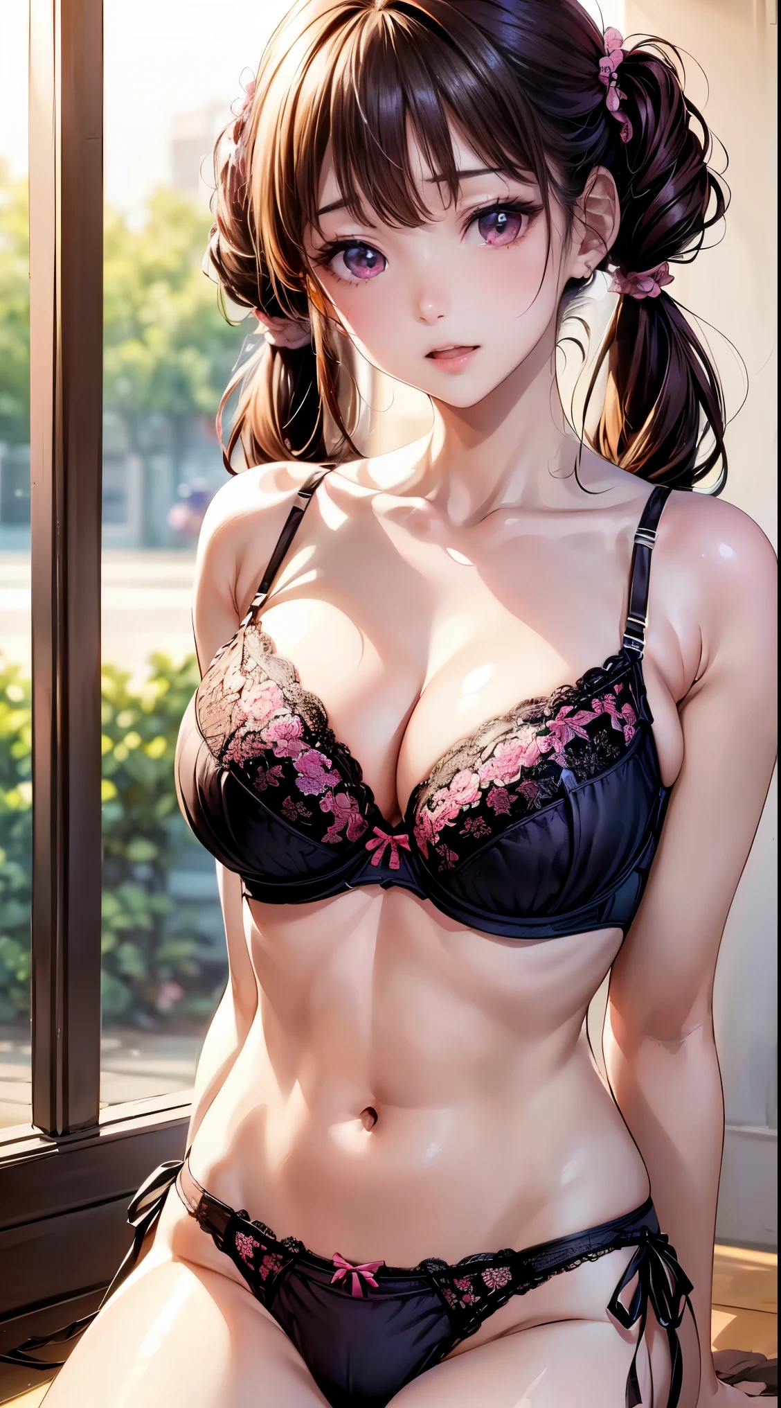 ((1 girl)), (twin tails), brown hair, wonderful face and eyes, pink eyes, (amazingly beautiful girl), brown hair, (Black bra and black panties:1.5), ((highest quality)), (super detailed), (very detailed CG 統合 8k 壁紙), very detailed, High resolution raw color photos, professional photography,  Depth of bounds written,