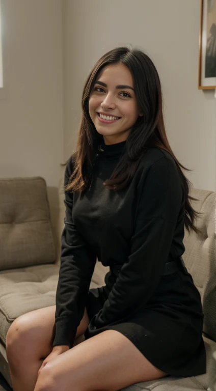 "A 22-year-old, cute woman with a disability, sitting in a wheelchair at home. She has a bright, cheerful smile, with expressive eyes and long, flowing hair. She is wearing a black shirt and black pants, which complement her youthful and vibrant personality. The home setting is cozy and well-decorated, with a sofa, a coffee table, and shelves with books and personal items in the background, creating a warm and inviting atmosphere."