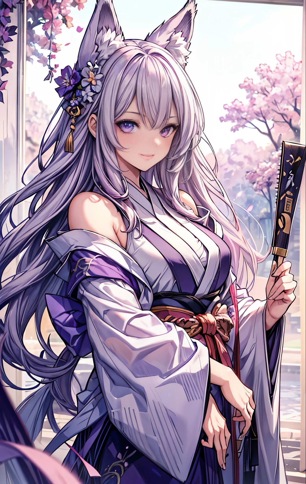masterpiece, 最high quality, High resolution, SA1, young girl, pink long hair, fox ears, heterochromia, White eye on the left and purple eye on the right, Purple kimono, open shoulders, big breasts, smile, masterpiece, high quality