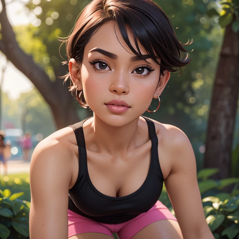 RAW, Best quality, high resolution, Masterpiece: 1.3), Beautiful Malay woman, Masterpiece, Plump body, (smallest breasts), Beautiful big eyes, Soft smile, short pixie hair. Masterpiece:1.2, Best quality), Realistic, (Real picture, Intricate details, Depth of field,Pink Tank top, Black hotpants, Tight dress, Close-up of people, Hi-Def, photorealistic perfect body, very very very realistic,(Panoramic camera), parted lip, highly detailed, Perfect face, Perfect body, Large models, Tall, Long legs, Natural background bokeh