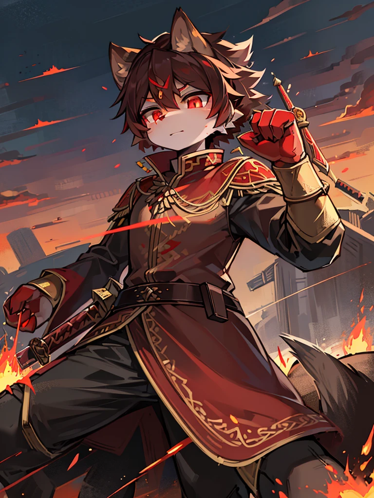 A raccoon，Fiery red pupils，General uniform，holding a longsword，Broken armor，torn robe，move forward with difficulty，flame，raging fire，Raise your hand，Bloodstained sword，Broken cloak，juvenile，sword sheath，The sky is cloudy，sun，On the war zone，Grand background