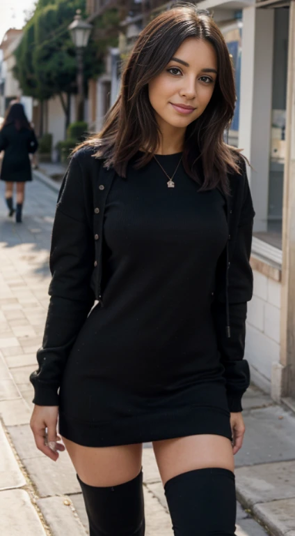 Mejor calidad, 8k, 32k, obra maestra ,pelo bob , Pelo Ondulado , 24 years , chaqueta de cuero negro , Vestido ajustado hasta el muslo de cuero negro,Botas de cuero negro,Caminando por la calle ,sonriente,El color del cabello es rubio,Todo el cuerpo,