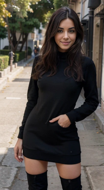 Mejor calidad, 8k, 32k, obra maestra ,pelo bob , Pelo Ondulado , 24 years , chaqueta de cuero negro , Vestido ajustado hasta el muslo de cuero negro,Botas de cuero negro,Caminando por la calle ,sonriente,El color del cabello es rubio,Todo el cuerpo,