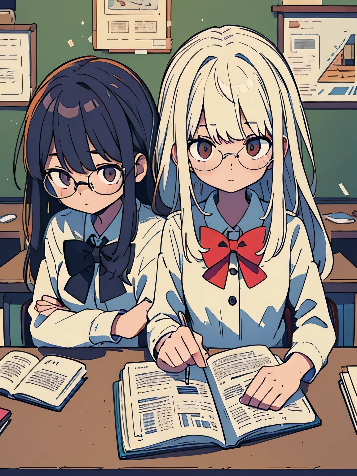 At dusk, in a classroom bathed in warm twilight, two girls are engrossed in reading. One with white hair, wearing glasses, captivated by a book, while the other, also a girl, shares the moment beside her. The atmosphere should convey the tranquility of the evening. Emphasize the details of glasses, the twilight ambiance, and the serene expressions of the two readers. Include a blackboard in the background to enhance the classroom setting. Generate a high-quality image that captures the essence of peaceful reading in a quiet, end-of-day classroom.