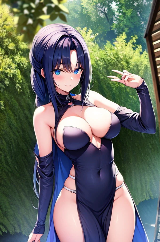 Black hair, blue eyes, sexy, large breasts, masterpiece, bed, smile