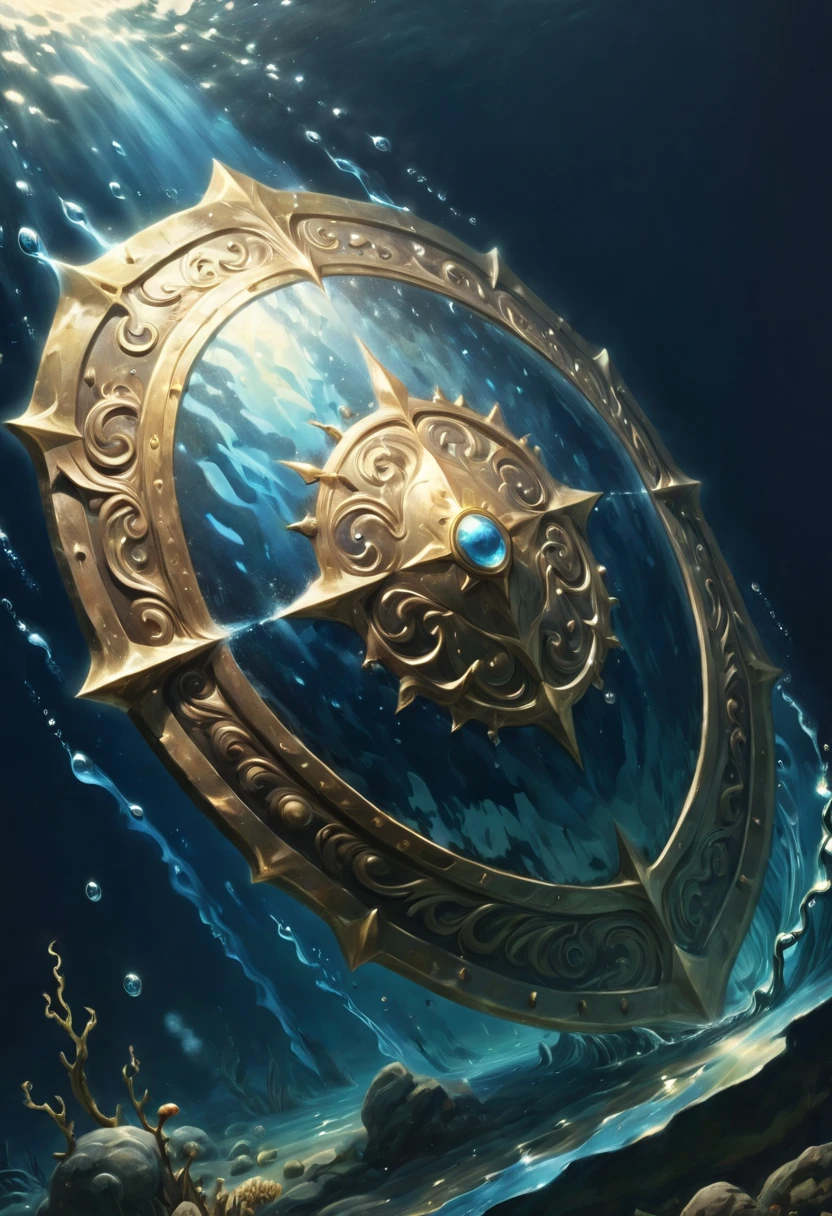 Close up of delicate ancient huge shield underwater, as ancient huge shield emits bright light, water element, each water bubble detailed and rendered with a masterful gouache technique, surrounded by mysterious atmosphere of light and shadow art, dark underwater environment, subtly illuminate, fantasy art, surreal, its beauty and strength captured,It gives a majestic aura, intricate, (masterpiece, Representative work, official art, Professional, unity 8k wallpaper:1.3)