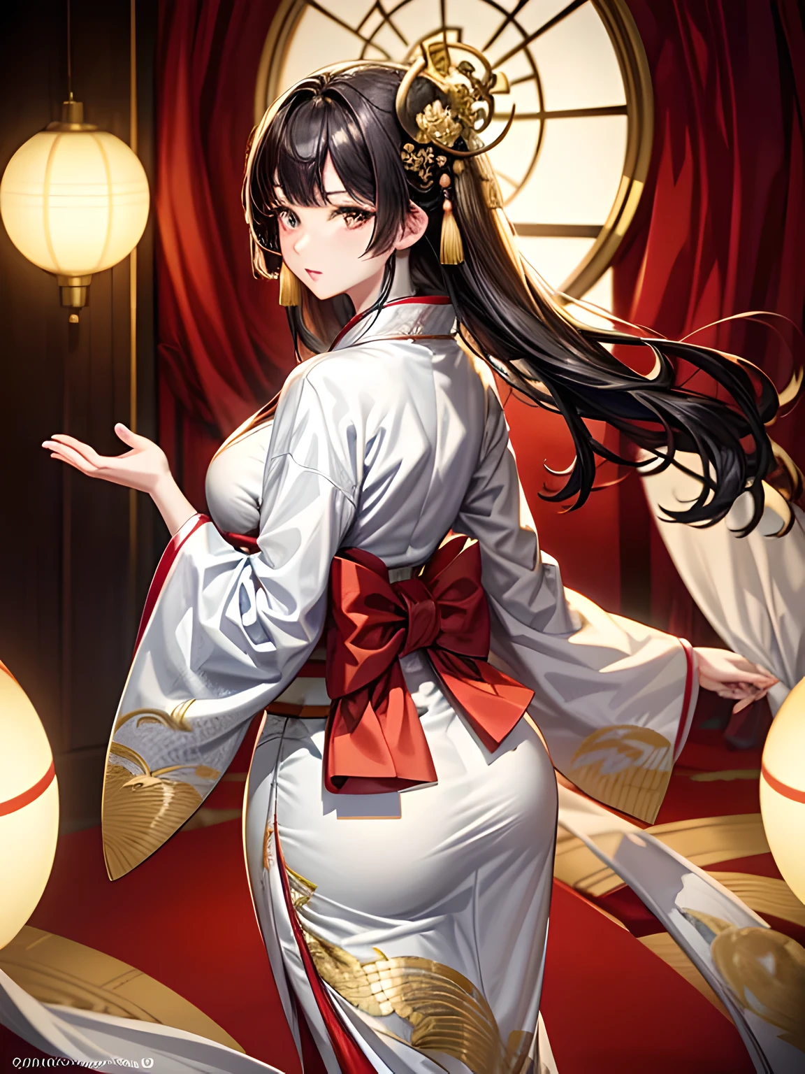 (Beautiful model in Japanese kimono commercial, beautiful straight long black hair), solo, ((face is 80% beauty and elegance, 20% pretty and cute:1.5)), clear eyes, (detailed eyes, light green eyes, bright pupils), Double Eyelids, (sexy lips with a little thickness:1.2), ((super detailed and incredibly high resolution Deep-white Kimono:1.2)), Highly Detailed Face Texture, striking body shape, curvy and very attractive woman, high-resolution RAW color photo pro photo, BREAK ultra high-resolution textures, High-res body rendering, big eyes, unparalleled masterpiece, incredible high resolution, super detailed, stunning ceramic skin, BREAK ((Facing back to show the pattern of the Kimono:1.5)), ((Wearing a white kimono with plenty of glittering gold embroidery of a rising-chinnese-dragon:1.5)), ((The white kimono has a very dazzling embroidery of a rising-chinnese-dragon:1.2)), (Finely crafted and sensual Japanese kimono), ((The embroidery pattern is a Chinese-dragon rising to the sky):1.2), ((elaborately and elegantly decorated White Kimono)), (Taken in front of a round fusuma window in a Japanese-style room)), BREAK ((Best Quality, 8k)), Crisp Focus:1.2, (Layer Cut, Big:1.2), (Beautiful Woman with Perfect Figure:1.4), (Beautiful and elegant rear view:1.3), Slender waist, (Correct hand shape:1.5), (Full body shot | cowboy shot)
