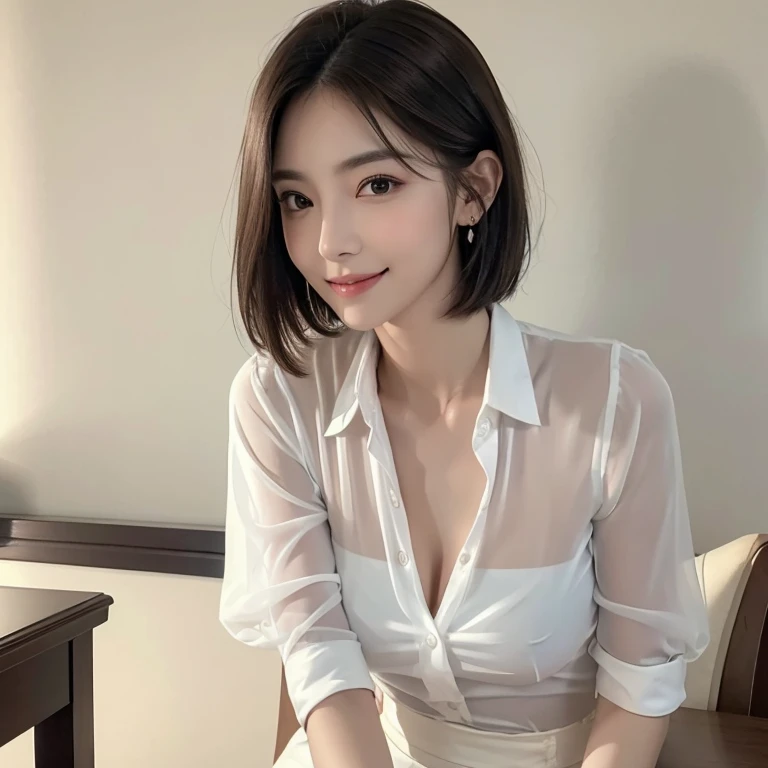 (table top, highest quality, realistic, Super detailedな, in detail, High resolution, 8k wallpaper), 1 beautiful woman, earrings, smile, In a navy formal dress, light brown short messy hair, perfect dynamic composition, 美しくfine eyes, smile, Bayside Area, At night, full body portrait,throw, (masterpiece:1.3), High resolution, Super detailed, Highly detailed CG Unity 8K wallpaper, (realistic, photo-realistic:1.3, RAW photo:1.2), beautiful detailed face, realistic skin, fine cloth texture, high detailed hair texture, perfect proportions, beautiful face, Accurate, anatomically correct, Highly detailed face and skin texture, natural neck length, fine eyes, symmetrical eyes, light brown eyes, double eyelid, thin eyebrows, (glossy lips:1.4), (魅惑的なsmile:1.2), (beautiful hands), (Fair skin:1.2), thin legs, thin legs, long legs, High detailed leg texture, beautiful feet, (transparent skin:1.2), (She is wearing a classy button-up white shirt:1.2), (Wet cloth), ((Transparent shirt:1.2)), (skirt, black stockings, White Short Boots), ((Short Bob Hairstyles:1.2)), (Breast augmentation:1.4), (film chest, well-shaped chest:1.2, slender body shape), ((from below:1.3)),//effect (calm color background:1.2), (faded photo:1.3), polaroid photo, (film grain:1.3), Depth of bounds written, (Bokeh:1.1), (Light and shadow:1.3),appealing breasts