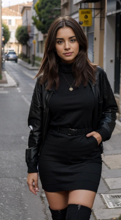 Mejor calidad, 8k, 32k, obra maestra ,pelo bob , Pelo Ondulado , 24 years , chaqueta de cuero negro , Vestido ajustado hasta el muslo de cuero negro,Botas de cuero negro,Caminando por la calle ,sonriente,El color del cabello es rubio,Todo el cuerpo,, foto con amigas