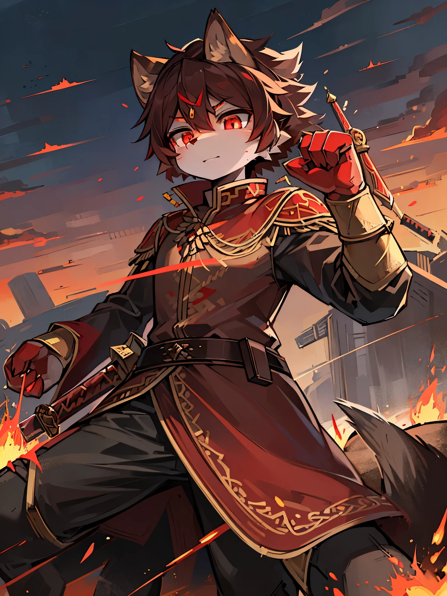 A raccoon，Fiery red pupils，General uniform，holding a longsword，Broken armor，torn robe，move forward with difficulty，flame，raging fire，Raise your hand，Bloodstained sword，Broken cloak，juvenile，sword sheath，The sky is cloudy，sun，On the war zone，Grand background