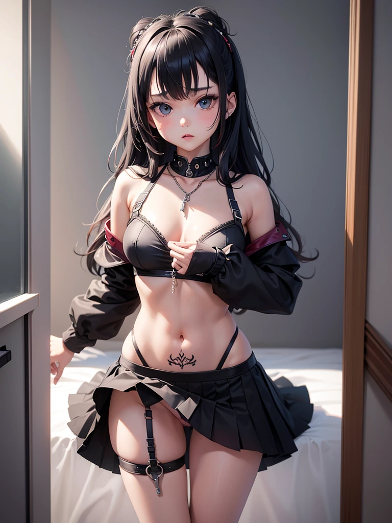 little , sexy girl with insense sexual expression, little skirt with transparent thong that show her cAMEL TOE, very hard with pierced nipple with little chain, very crazy hair, shot from belove to see her vagina, feet with colored tattos she look herself in a mirror while touch herself, masterpiece, ccurate, anatomically correct, textured skin, super detail, award winning, best quality, highres