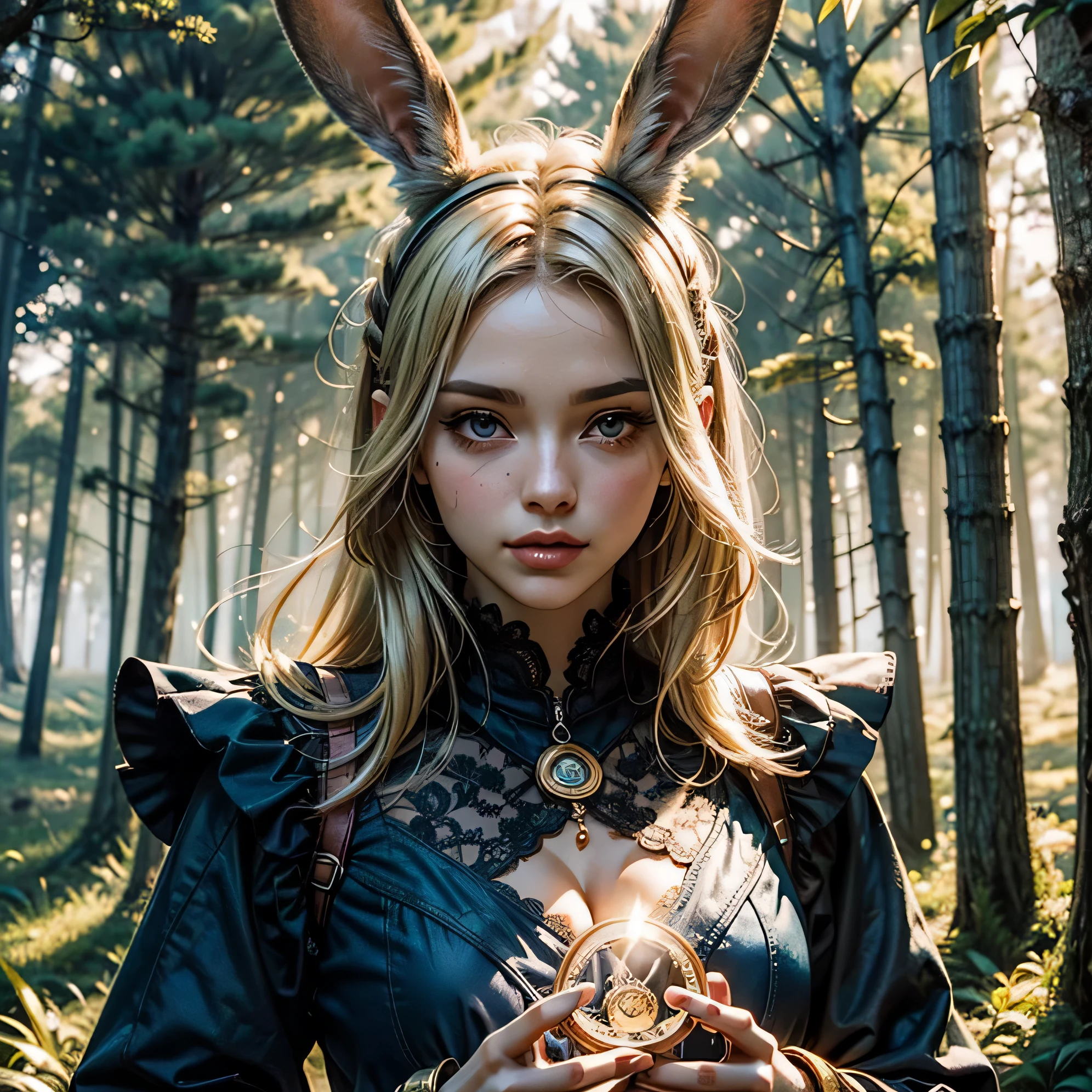 Fantasy, RPG, Final Fantasy world, mechanical beasts, close-ups of faces. She is in the background. Gaze, cute, girl, Bianca's clothes, magic ((magic circle)), upper body, ((wearing rabbit ears)), blue clothes, lace, beautiful clothes, beautiful hands, white skin, red cheeks, red lips, No makeup - up, blonde, pride, strength (((Fantasy Forest, Shine) ), light, morning sun, morning mist, fog, trees, trunks)))), city, , real image, real,