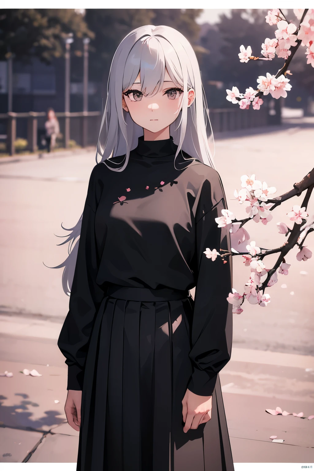 gray hair, long hair, wearing plain black shirt, skirt, cherry blossom trees in background, absurdres, high res, ultrasharp, 8K, masterpiece, mature, detailed, sharp detailed black eyes, height = 165cm