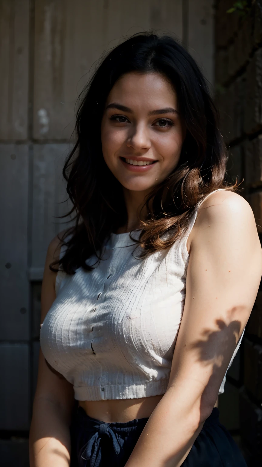 Best quality, masterpiece, super high resolution, a super model , super beautiful face, clear pores visible, (smile:0.5), (realism:1.5), original photo, in the dark, deep shadows, low-key, cold light , long curvy black hair , pure body , waist shot photo , wearing for cold, laughing out loud