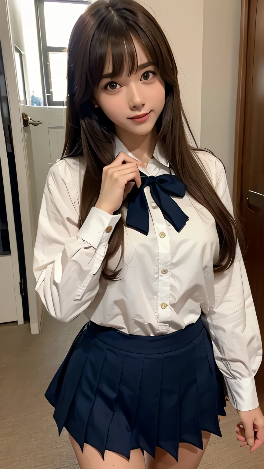 (very delicate and beautiful: 1.2), 1 girl, robber girl, bangs, cute eyes, bow, brown hair, closed mouth, Landscape, hair between eyes, hair bow, long sleeves, looking at the viewer, medium hair, alone, Upper body, Short : 1.3, ((alone)), (masterpiece), blonde、Poses with different movements、With a smile、mini skirt、mini shirts、uniform、