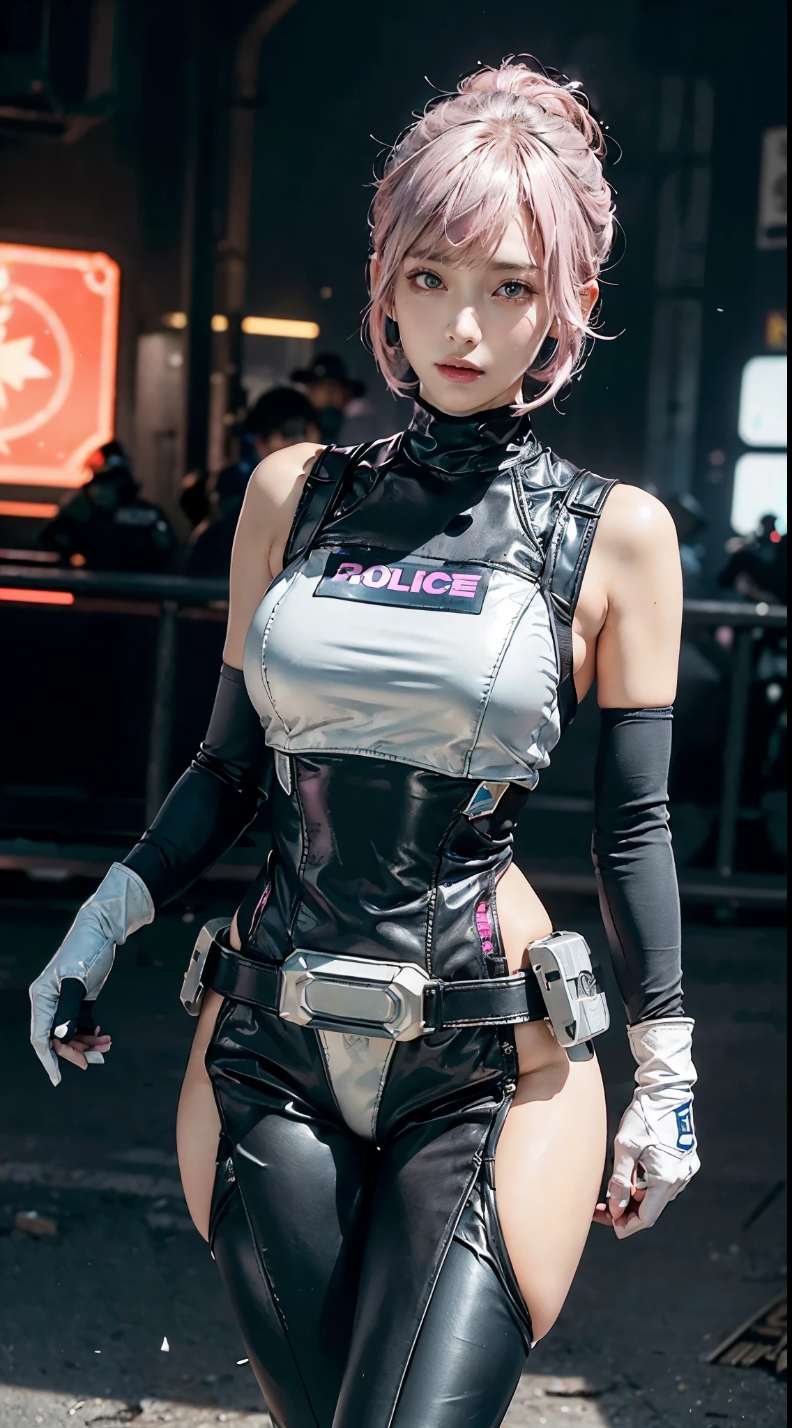 Top Quality, Ultra High Definition, (backlight), (Photorealistic: 1.4), (cowboy shot:1), 1 Beautiful Girl, (Kpop Idol), Detailed Face, (Hair Style: Pink:1, fullbang, shortbob-style:1), Contrapposto, Perfect Anatomy, , Professional Lighting, ((wearing Futuristic Police Racing Suits, super high cut, police wappen, High-tech Headset, military harness, racing gloves, handgun)), outside honey bob hairstyle, ("POLICE", Cloths colors based on silver pink black white), (background, crashed pipes, abandoned machines),