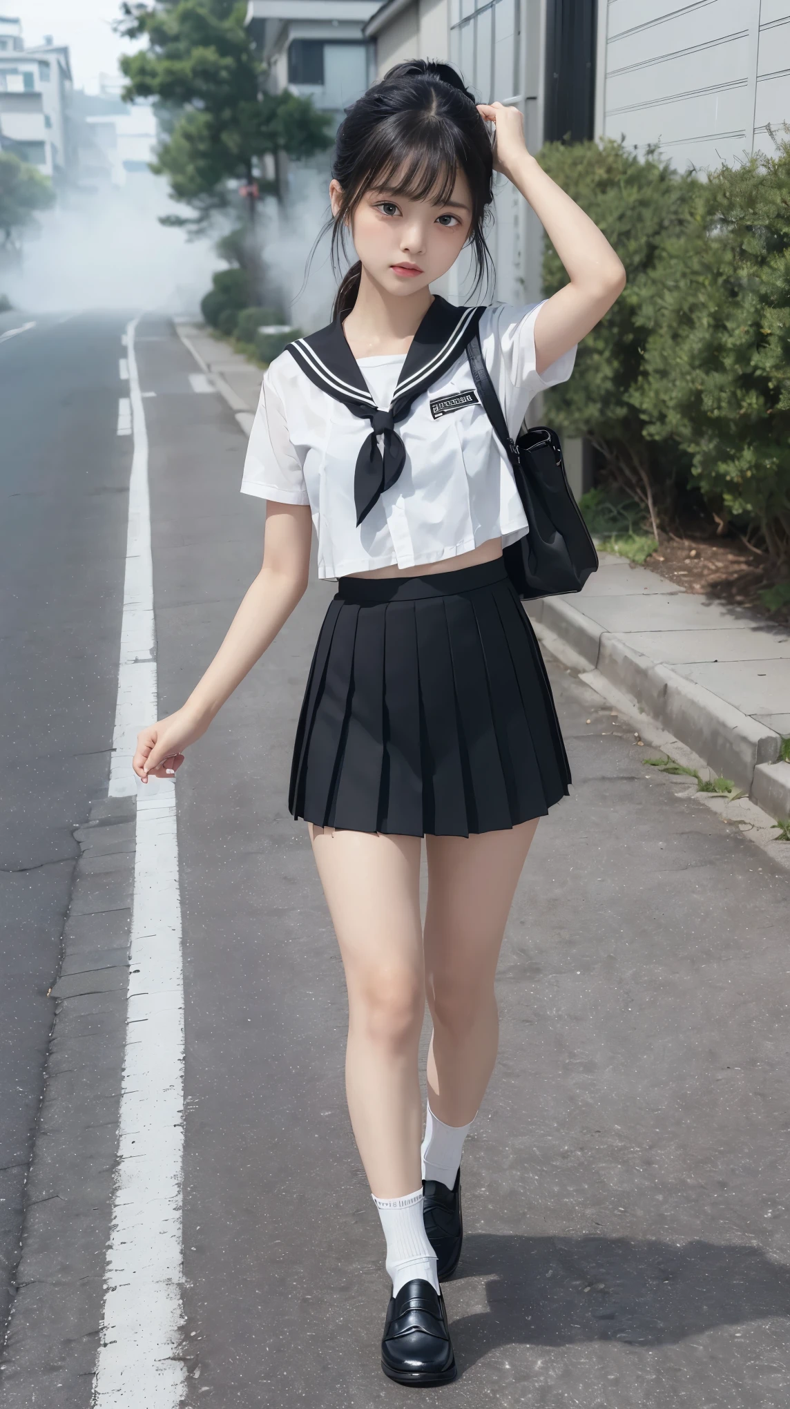 masterpiece, highest quality, realistic, RAW photo, Digital single-lens reflex camera, ((1 person)), Beautiful Japan girl at 18 years old, shiny fair skin, Realistic beautiful make-up face, realistic and beautiful eyes, double eyelid, (((anxiety, frightened eyes:1.3, fear, nervous:1, tears, cry, afraid))), The most detailed shiny black hair and bangs, ((ponytail hair)), slim body shape, slim face, slim waist, medium breasts, (((Japanese student dark black sailor suit:1.5, summer clothes, pleated mini skirt, black sox:1.2, brown loafer shoes:1.2, Japanese school boston bag, white panty:1.2))), (((white line on the hem of the skirt))), (((Walking:1.3))), Leaving school, (((A path in a lonely residential area, dark path))), ((foggy)), realistic shadow, Depth of bounds written, The best delicate and beautiful photos, ultra high resolution, 8K UHD Wallpapers, (((from below:1.0))), nsfw, upper half body