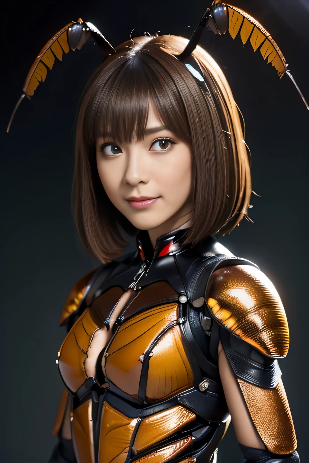 (High resolution,masterpiece,highest quality,Very detailed CG, anime, official art:1.4), realistic, photograph, amazing detail, all complicated, luster and luster,great many layers, 8k wallpaper, 3D, sketch, cute, figure,( alone:1.4), perfect female proportions,villain's daughter, (Fusion of dark brown cockroach and lady:1.4), (brown cockroach form lady:1.2), (brown cockroach woman:1.2), (Fusion:1.2), (alone:1.4), (evil smile:1.2), muscular, abs, (Cockroach brown exoskeleton bio insect suit:1.4), (Cockroach brown exoskeleton bio insect armor:1.2), (brown transparent cockroach feathers:1.4), (brown cockroach antenna:1.3),