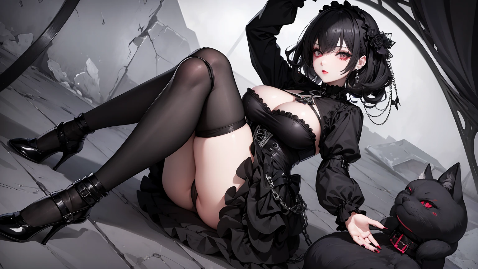 1Woman milf “"Giant breasts" + "large rear" + "wide hips" + " tiny waist" + "plump thighs" + "black eyes" + "Black eyeliner" + (("neutral expression")) + "Longcurly black color Hair" + "Red Lips" + "Lucious Lips"”)}, {“Outfit”: Black Gothic ta style dress, black shoes, gothic accessories, Gothic black makeup, Doll joints}).