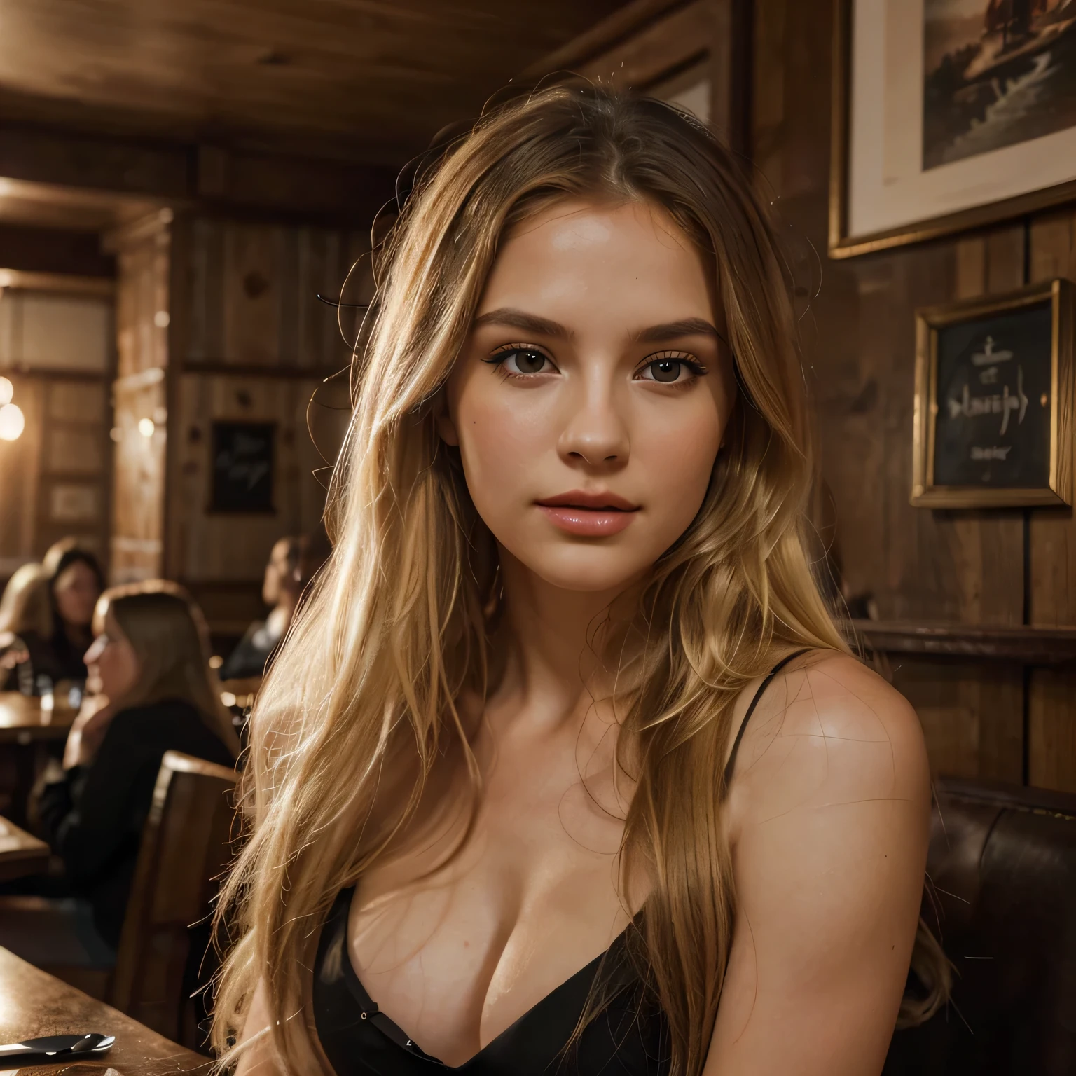 The Stable Diffusion prompt for the given theme "long blonde hair red lips, plain black shirt, sitting in restaurant" can be as follows:

"(best quality,4k,8k,highres,masterpiece:1.2),ultra-detailed,(realistic,photorealistic,photo-realistic:1.37),portraits,vivid colors,long blonde hair,red lips,plain black shirt,sitting in restaurant,beautiful detailed eyes,beautiful detailed lips,extremely detailed face,relaxed expression,gentle lighting,background of a cozy restaurant,soft focus,subtle shadows"