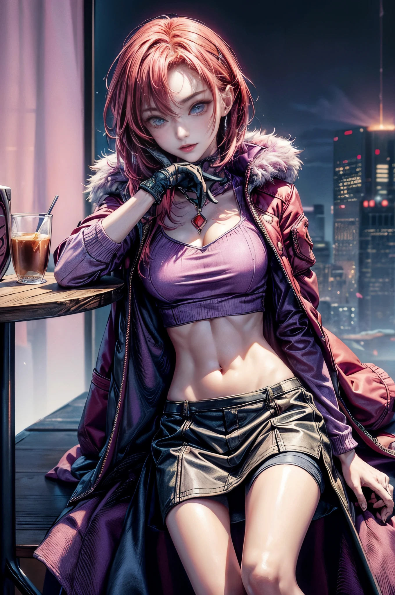 cinematic lighting、highly detailed skin,1 girl, highest quality,cyberpunk,(dim color, soothing tone:1.3),(20 year old beautiful woman、Detailed beautiful facial features、medium bob red hair、blue eyes、slender body、)()Laugh with joy:1.3)eyes on me、BREAK.Voluminous down jacket with pink fur for winter、Purple knit top with exposed belly button、Pantyhose under rock style tight miniskirt（iron table）（sit on a chair、hot coffee on hand:1.3）morning、早morning、仕事のmorning、Eating breakfast at a cafe in a high-rise building