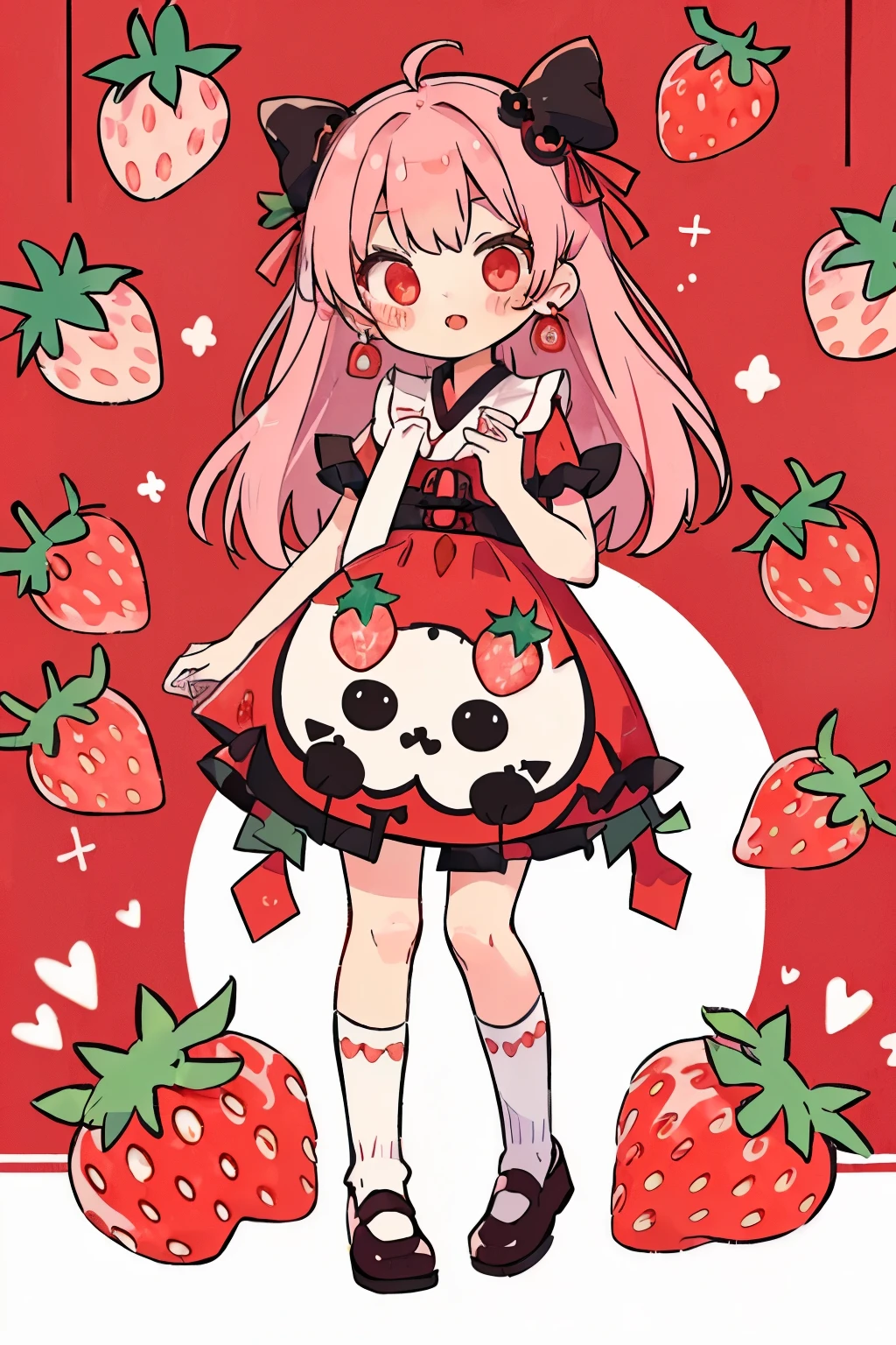 //fashion
(pastel-red theme:1.3),((Strawberry Gothic Dress with Strawberry pattern:1.4)),(Strawberry ornament:1.3),(red big ribbon:1.3),(Strawberry earrings:1.2),(white Knee High Socks:1.3),(鮮明な色遣い:1.3),(顔の接写:1.5)