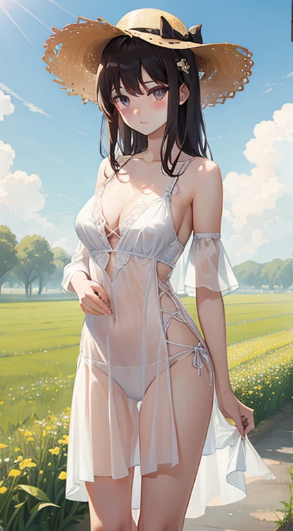 A beautiful girl wearing an almost transparent white see-through dress、、cleavage、bare shoulders、straw hat、summer、field road、Run