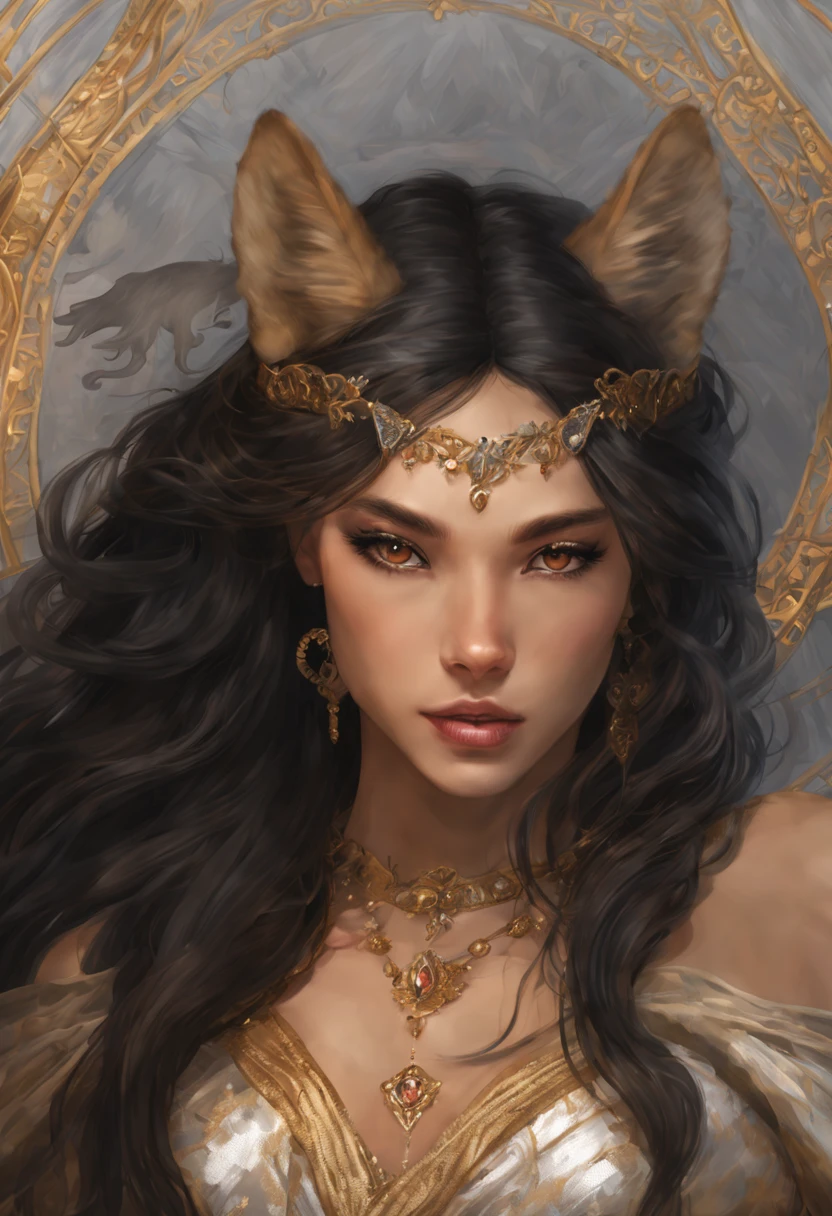 A beautiful young wearwolf queen sees her lover across the room. She is partially transformed with her wolf ears and tail still visible. She has long flowing black hair, mocha skin and brown eyes. She is wearing a gown of silver and gold.