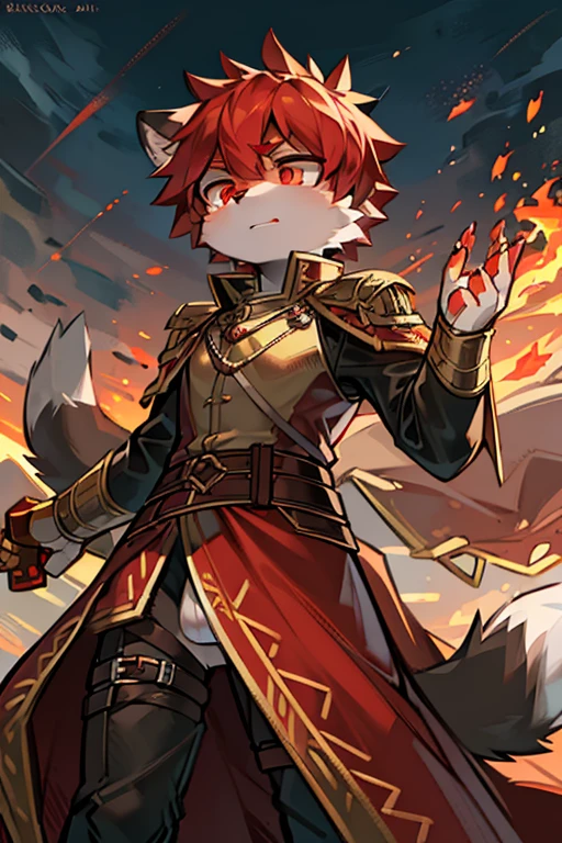 A raccoon，Fiery red pupils，General uniform，手持long sword，Broken armor，torn robe，flame，raging fire，Raise your hand，long sword，Broken cloak，juvenile，sword sheath，The sky is cloudy，sun，On the war zone，Grand background，worn-out clothing，Look behind you，Round ears