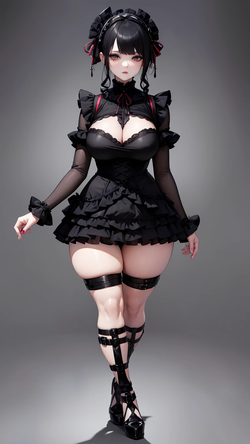 The image shows a Goth Woman with harlequin hat, clown face paint, wearing cropped clown shirt, puffy sleeves, puffy crewneck, stomach navel exposed, large breasts, small waist, wide hips, thick legs, red panties, collarbone, clown ๐คก, sexy body, it, night circus background, shiny skin, highest detailed, detailed clothes, pastel colors, detailed body, detailed face, rear view