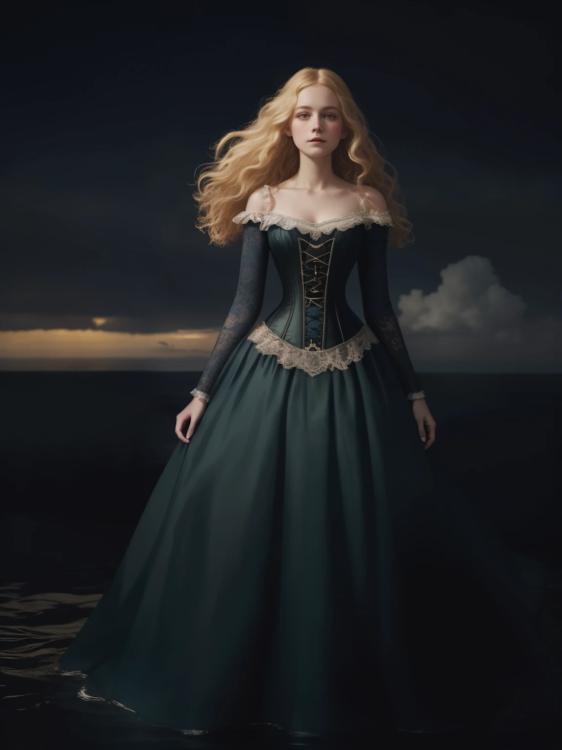 Gloomy picture, Dark background, a girl in a ball gown with a corset stands against the background of the sea, light dress, detailed bodice, blond long hair, detailed background, against the background of the sea, Cinematic Picture, still from the film, masterpiece, masterpieceальное качество, High quality, natural light, beautiful detailed face