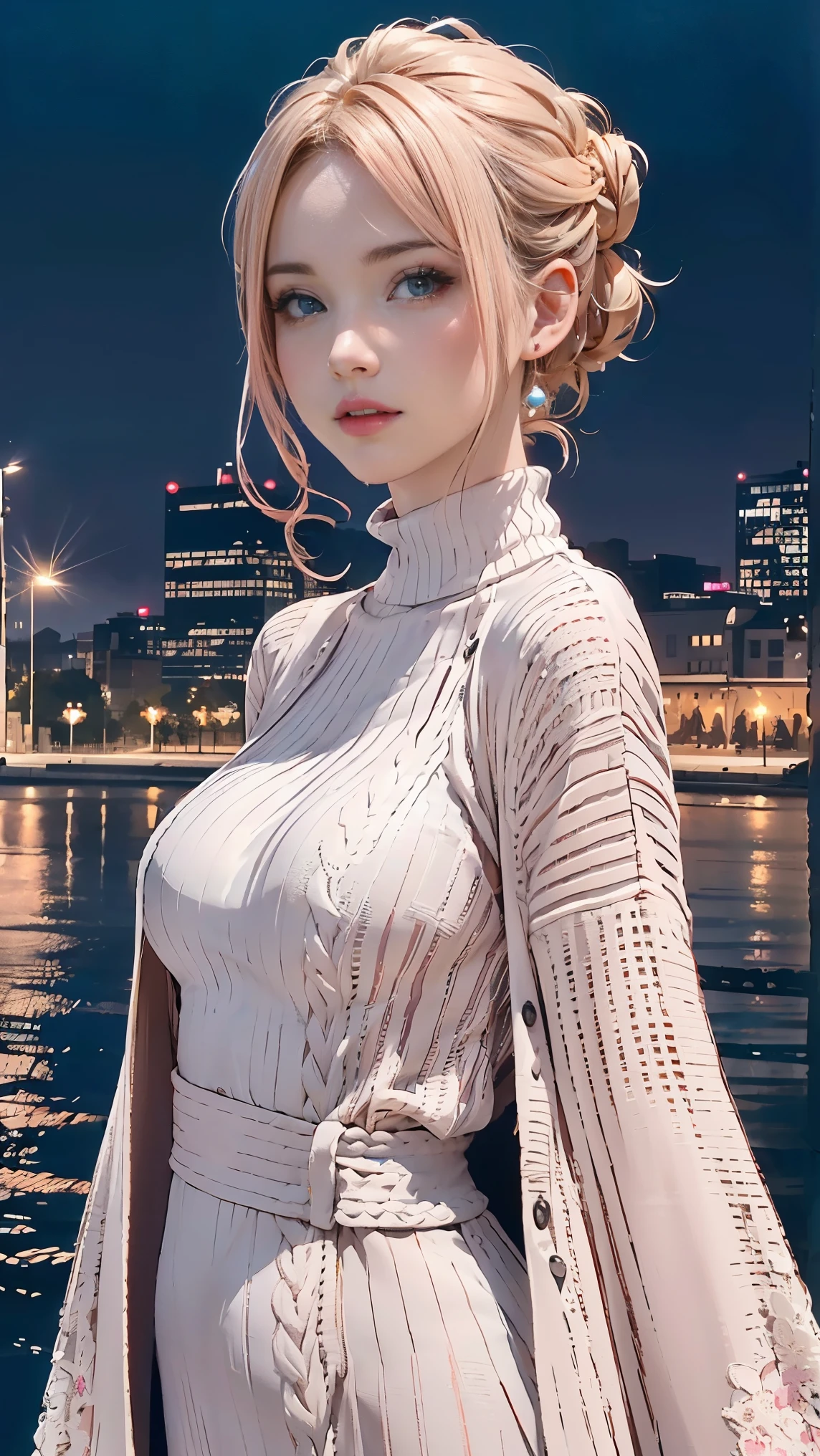 (chignon:1.5), (Blonde with pink inner color), beautiful shining eye color, masterpiece, highest quality,(realistic: 1.4),ultra high resolution, unity 8k, (beautiful and fine eyes:1.6),symmetry, highly detailed face, perfect lighting, (perfect hands, perfect anatomy), (city background:1.3), ((maxi knit dresses and gown coats:1.3))