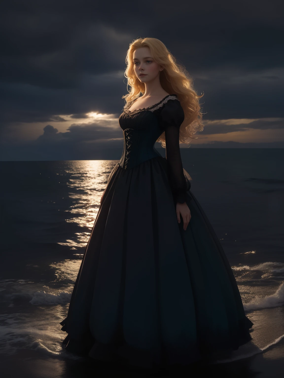 Gloomy picture, Dark background, a girl in a ball gown with a corset stands against the background of the sea, light dress, detailed bodice, blond long hair, detailed background, against the background of the sea, Cinematic Picture, still from the film, masterpiece, masterpieceальное качество, High quality, natural light, beautiful detailed face