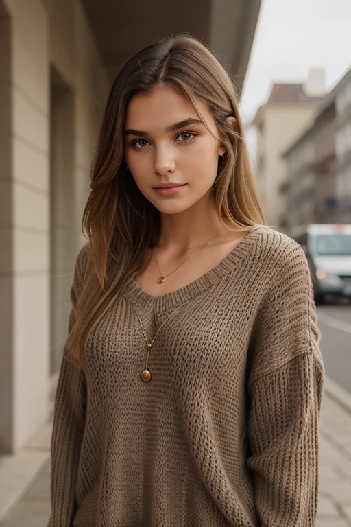 1Girl 18 years old, nur, Lange Haare, midsize , Blick auf den Betrachter, blondes Haar, nackte Schultern, braune Augen, Schmuck, full entire body, Halskette, schulterfrei, pullover, lips, realistisch, Nase, Flirten mit der Kamera