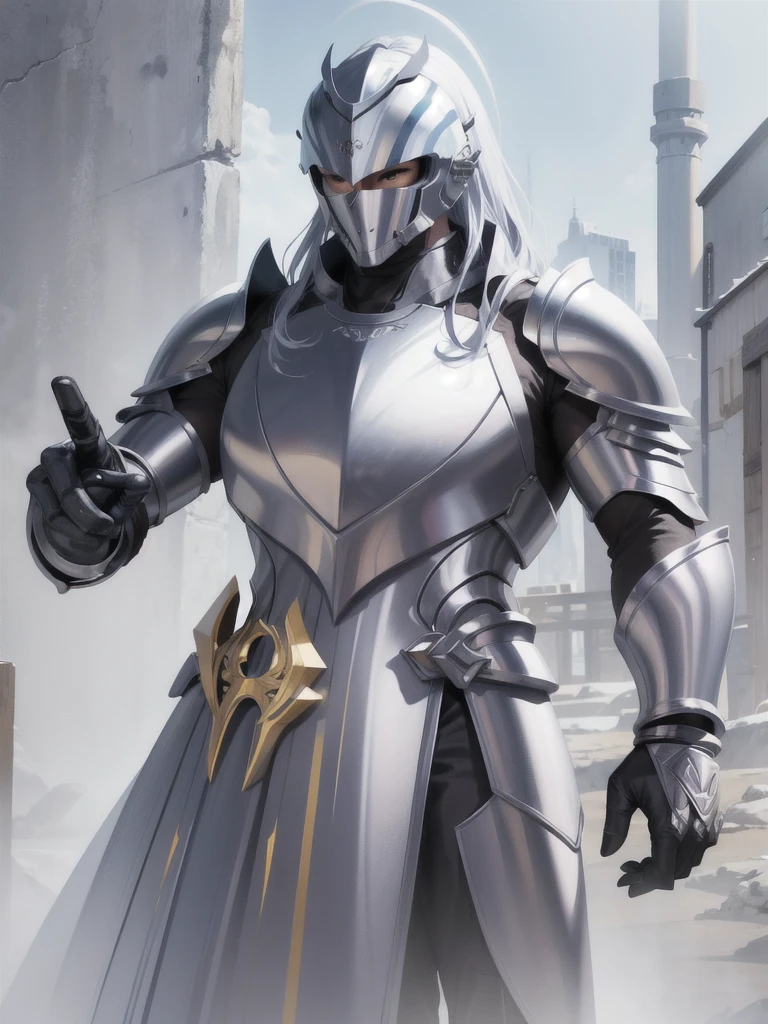 a divine male warrior with silver armor, armor fit with body, wearing helmet, drawing style (photographic) , best color guiding, golden edge lines (masterpiece)