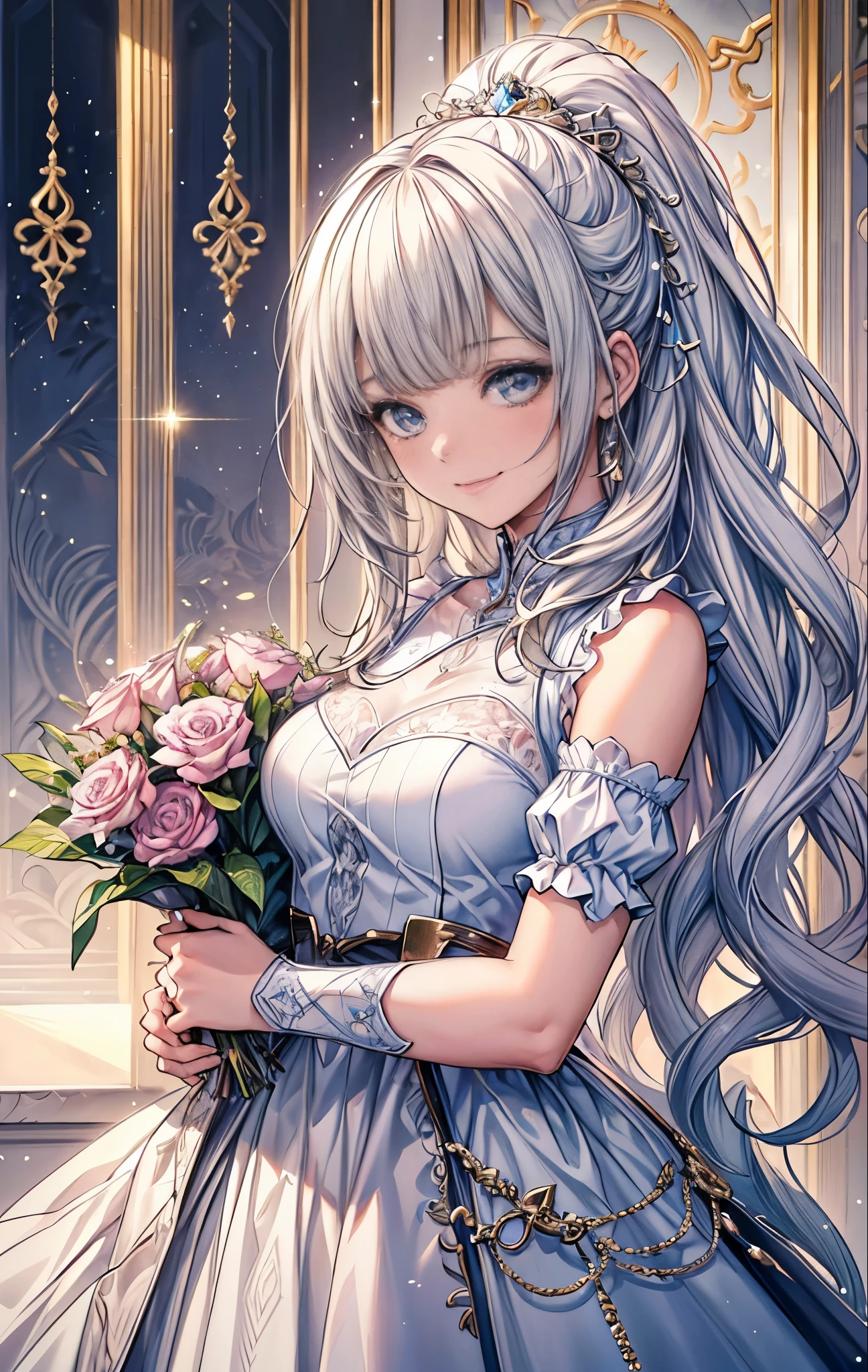 ((top quality)),(Super high resolution),(super detailed face),(detailed description),((best anime)),(best work of art),sharp, super precision art, amazing art of depiction,The beauty of intricate and meticulous details:1.3, ((woman:1.5)), clear shining eyes, have a bouquet, Sparkle, Glitter, smile,