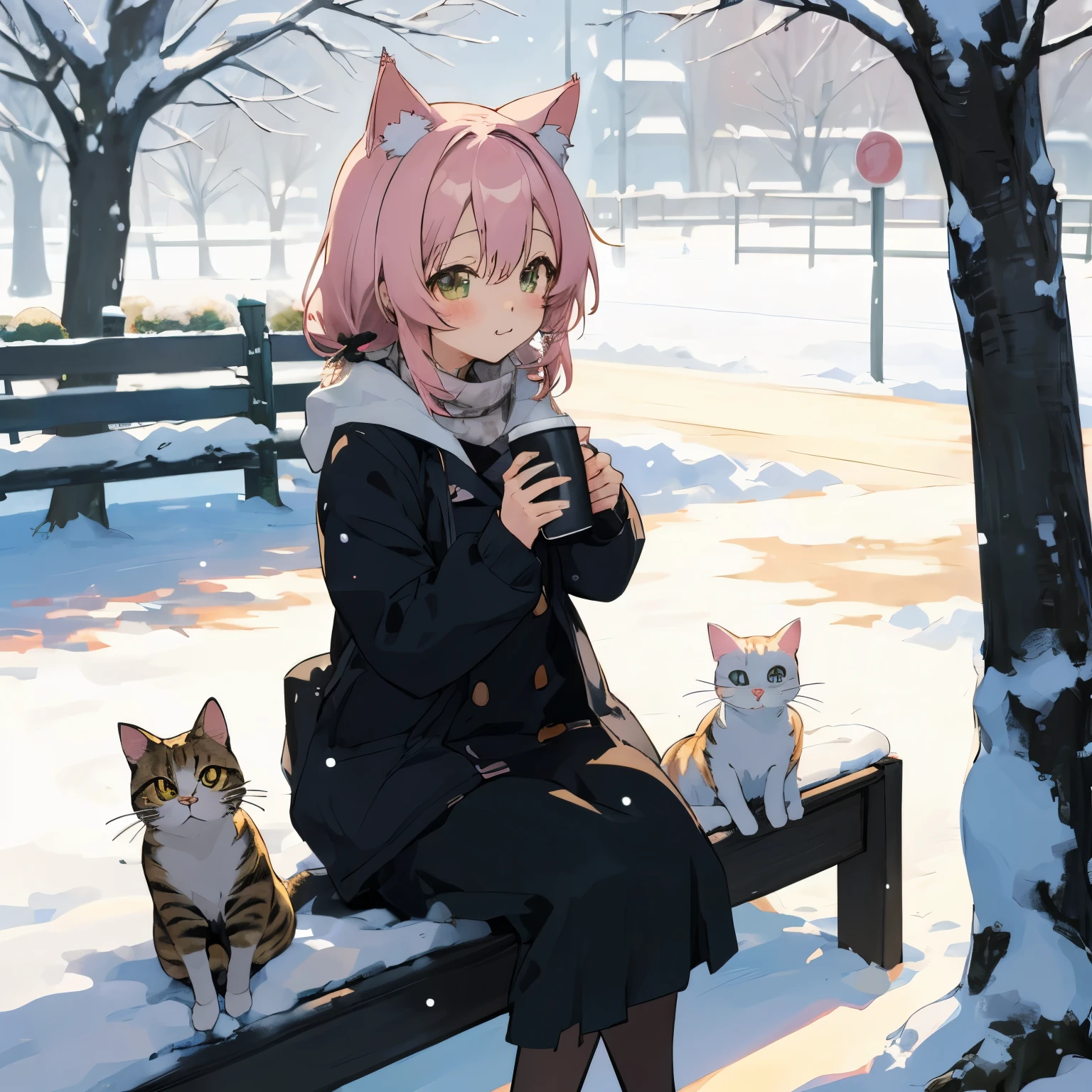 Anime character sitting on a bench drinking coffee with a cat, cute anime, anime style. 8K, anime style 4 k, cute anime style, cute art style, anime picture, cute anime catgirl, anime cat, cute catのアニメビジュアル, anime style illustration, in the snow, in anime style, anime girl with cat ears, cute cat