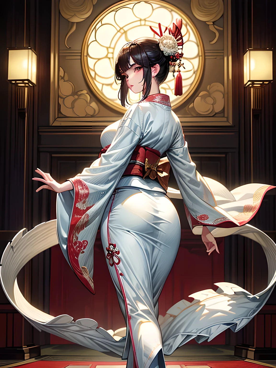 (Beautiful model in Japanese kimono commercial, beautiful straight long black hair), solo, ((face is 80% beauty and elegance, 20% pretty and cute:1.5)), clear eyes, (detailed eyes, light green eyes, bright pupils), Double Eyelids, (sexy lips with a little thickness:1.2), ((super detailed and incredibly high resolution Deep-white Kimono:1.2)), Highly Detailed Face Texture, striking body shape, curvy and very attractive woman, high-resolution RAW color photo pro photo, BREAK ultra high-resolution textures, High-res body rendering, big eyes, unparalleled masterpiece, incredible high resolution, super detailed, stunning ceramic skin, BREAK ((Facing back to show the pattern of the Kimono:1.5)), ((Wearing a white kimono with plenty of glittering gold embroidery of a rising-chinnese-dragon:1.5)), ((The white kimono has a very dazzling embroidery of a rising-chinnese-dragon:1.2)), (Finely crafted and sensual Japanese kimono), ((The embroidery pattern is a Chinese-dragon rising to the sky):1.2), ((elaborately and elegantly decorated White Kimono)), (Taken in front of a round fusuma window in a Japanese-style room)), BREAK ((Best Quality, 8k)), Crisp Focus:1.2, (Layer Cut, Big:1.2), (Beautiful Woman with Perfect Figure:1.4), (Beautiful and elegant rear view:1.3), Slender waist, (Correct hand shape:1.5), (Full body shot | cowboy shot)