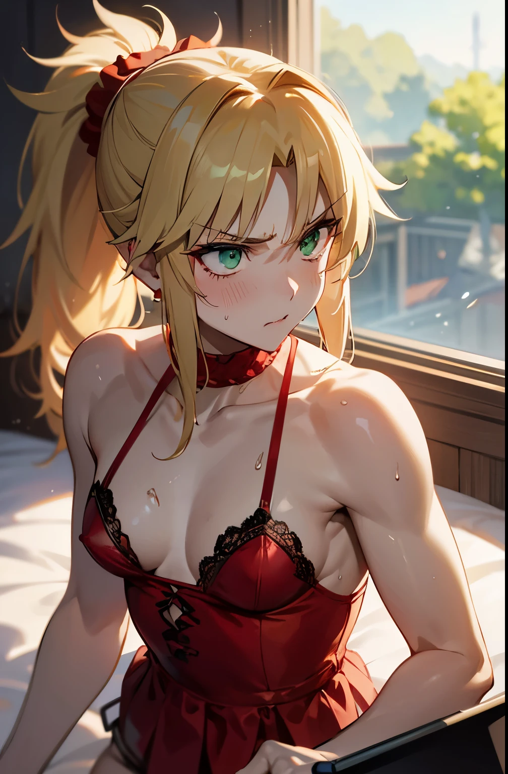 {mordred_fgo:1.15}, green eyes, ponytail, red_scrunchie, sexy, small_tits, blonde, muscular_body, sweating, angry_expresion, nsfw, playing videogames, lingerie