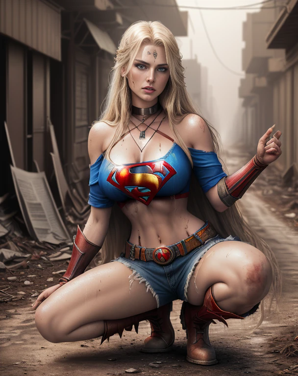 Jarl Shelbia (Superwoman is beautiful and bold, Seductive and attractive, blue eyes, Pointed chest, long blond hair and, sweaty body, Open collar shirt with Superman S symbol, shorts, I, Red boots, Thick legs). (Barren roads, Dirt roads, Blood, smokes, Abandoned cars, newspaper, Abandoned objects, The body lay on the ground, Abandoned roads, apocalyptic scenery, Effect), (best quality, masterpiece, depth of field, Full HD, 4K, richness of details). portrait style