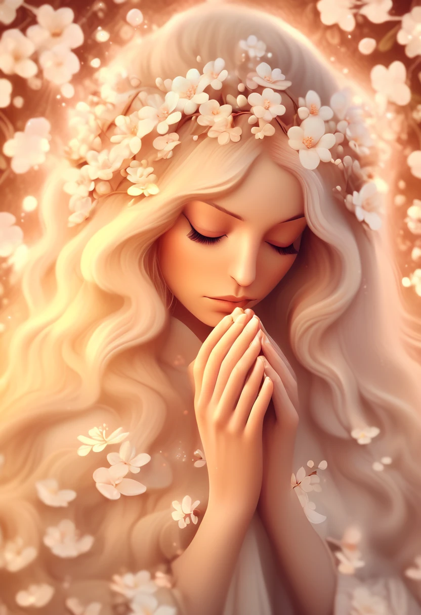 Painting of a praying woman with long hair and white flowers in her hair, beautiful digital illustrations, Beautiful artwork illustration, amazing digital illustrations, beautiful digital artwork, Inspired by Anna Dittman, amazing digital art, exquisite digital illustration, In the style of Anna Dittmann, beautiful digital art, beautiful amazing digital art, very beautiful digital art, beautiful fantasy art portrait