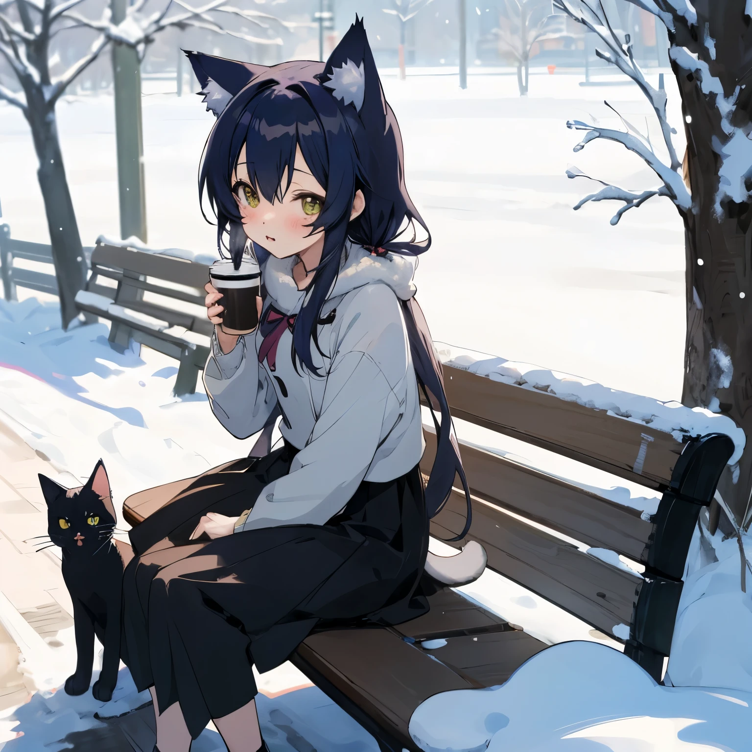 Anime character sitting on a bench drinking coffee with a cat, cute anime, anime style. 8K, anime style 4 k, cute anime style, cute art style, anime picture, cute anime catgirl, anime cat, cute catのアニメビジュアル, anime style illustration, in the snow, in anime style, anime girl with cat ears, cute cat